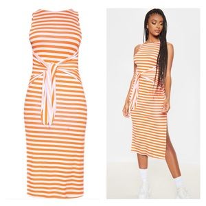 NWT Women’s 4 Pretty Little Thing Orange Stripe Sleeveless Tie Waist Midi Dress